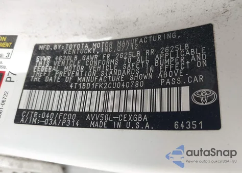 2012 Toyota Camry Hybrid Xle из США, поврежденный, VIN 4T1BD1FK2CU040780